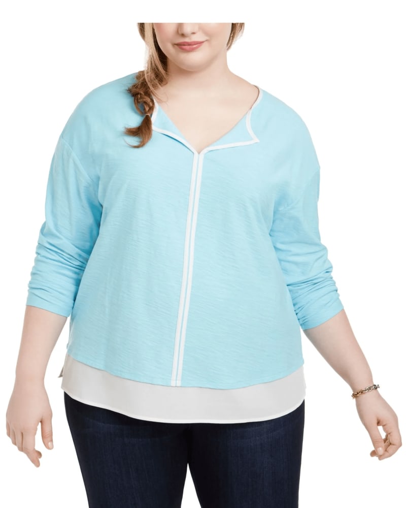 Front of a model wearing a size 2X Tommy Hilfiger Women's Plus Knit Contrast Trim Top Blue Size 2X in Blue by Tommy Hilfiger. | dia_product_style_image_id:311511